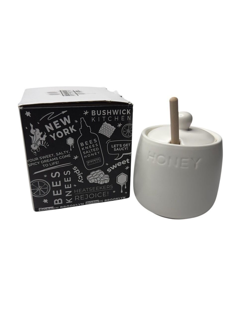 Bushwick Kitchen Honey Pot + Dipper Ceramic Jar & Lid with Wood Dipper 14oz